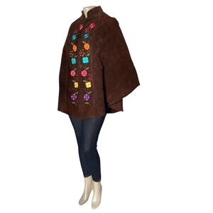 Brown Suede Poncho with Colorful Floral Embroidery